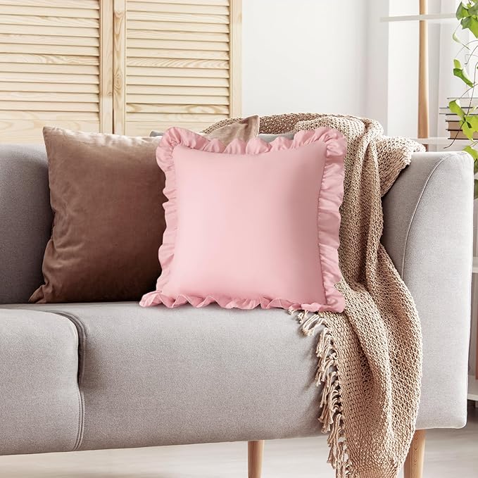 KKJIAF Ruffle Pillow Cases 26x26 Inches, Light Pink Square Ruffled Pillow Covers Set of 2, Microfiber Wrinkle Resistant Pillow Shams with Envelope Closure for Sofa Bed Living Room