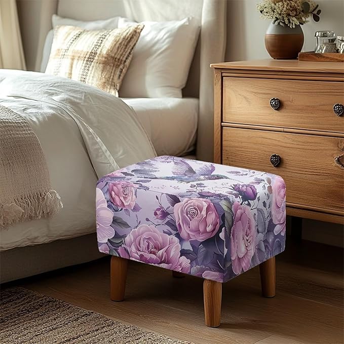 Rose Hummingbird Rectangle Chair Cover Washable Small Ottoman Slipcover 30x24x15 Inch Easy to Install Folding Storage Footstool Protector Ultra Stretch Dust Cover for Foot Stool