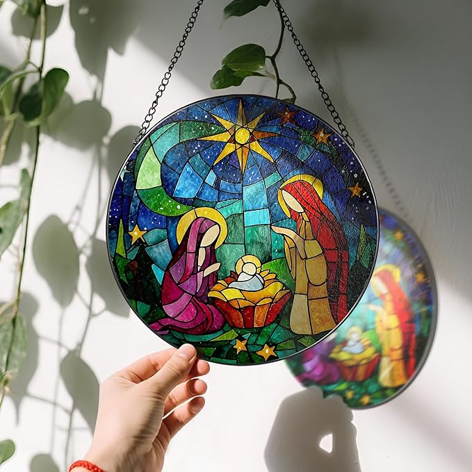 8'' Stained Glass Window Hanging, Nativity Scene Ornament, Religious Ornament, Sun Catcher Window Decor, Christian Holiday Decor, Gifts for Christmas, Christian Gift, Religious Gift
