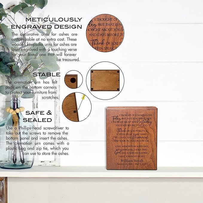LifeSong Personalized Cherry Wooden Urns for Human Ashes - Milestones Decorations for Adult Male & Female - 'I Thought of You' Funeral Service Urn