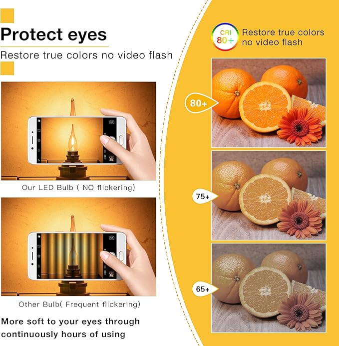 LED Vintage Candelabra Bulbs Night Lights E12 C22T Edison Candle Bulbs Filament Flame 7 Watt Equivalent LED Chandelier Light Bulbs Decorative Lights 2200K Warm Amber Glass, CRI 90+, Pack of 6