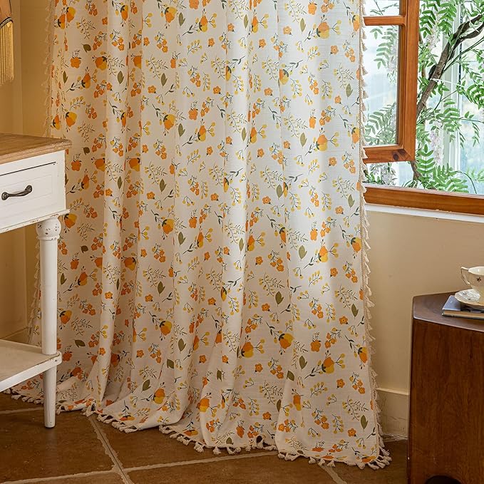 OYX Yellow Boho Pattern Floral Curtains 84 Inch Length 2 Panels for Living Room, Bedroom Light Filtering Drapes, Vintage Country French Tassels Patterned Rod Pocket Aesthetic Decor Window Treatments