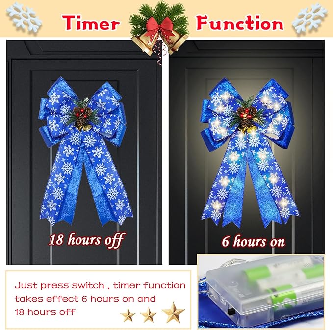 2 Pcs Pre-Light Christmas Decorative Bows for Wreath, 20 X 12” Large Christmas Tree Topper Bow with Bells, Berry, Pine Cones, 40 LED Silver Snowflake Ornament Bow for Indoor/Outdoor- Blue