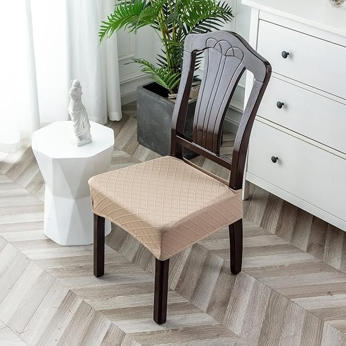 Genina Waterproof Seat Covers for Chairs,Set of 2 Dining Room Chair Seat Covers for Kitchen,Stretch Jacquard Removable Washable Dining Chair Slipcovers Protectors with Rear Covers, Khaki