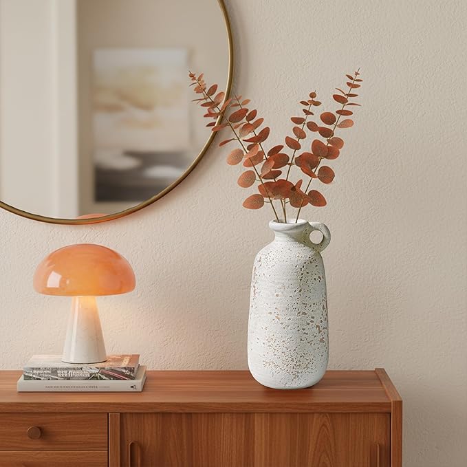 Sunddo White Ceramic Vase, Rustic Farmhouse Decorative Vase with Handle, Farmhouse Decor, Centerpieces Entryway Shelf Living Room Table Decor 10 inch