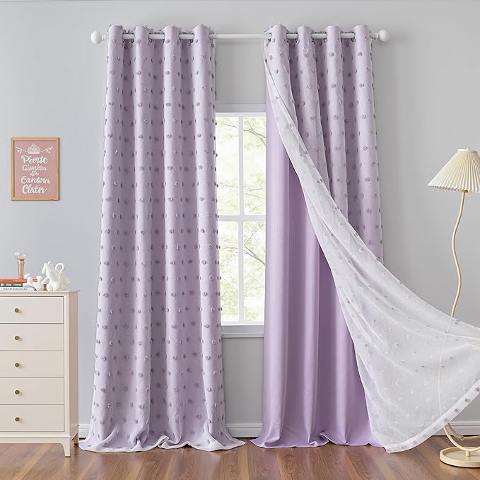MYSKY HOME Long Curtains for Sliding Door 95 Inch Long Lilac Pom Pom Sheer and Blackout Curtain for Living Room Darkening Double Layer Window Panels for Girls Grommet, Light Purple, 52" Wide, 2 Panels
