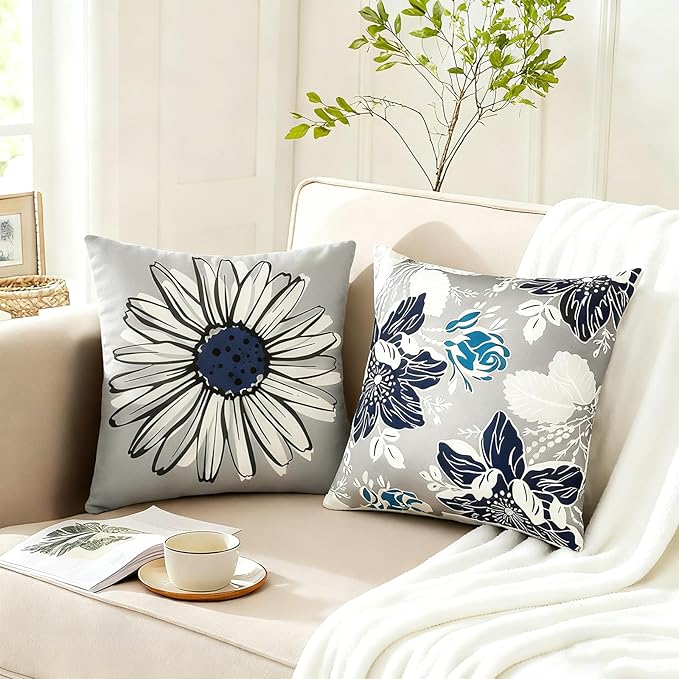 Decorative Throw Pillow Covers Set of 4 Blue Pillow Covers 22x22 inch Throw Pillow Cases Linen Square Pillow Case,Farmhouse Outdoor Modern Boho Pillow Covers for Couch Sofa Living Room