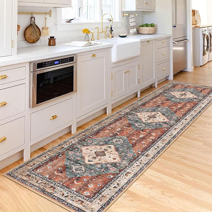 KOZYFLY Long Runners for Hallways 2.6x10 Ft Washable Kitchen Boho Runner Rug for Entryway Indoor Rust/Orange/Blue Printed Faux Wool Stair Runner Floor Carpet Runner for Stair Kitchen Hall