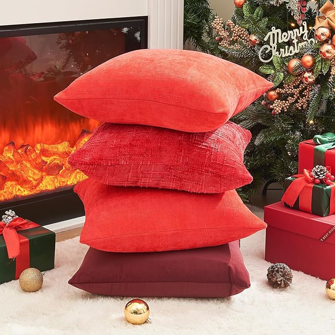 Christmas Burgundy Pillow Covers Set of 2 18x18 Inch Throw Pillow Covers, Soft Velvet Xmas Wine Red Decorative Pillow Covers for Couch Sofa Bed Living Room, Home Modern Decor