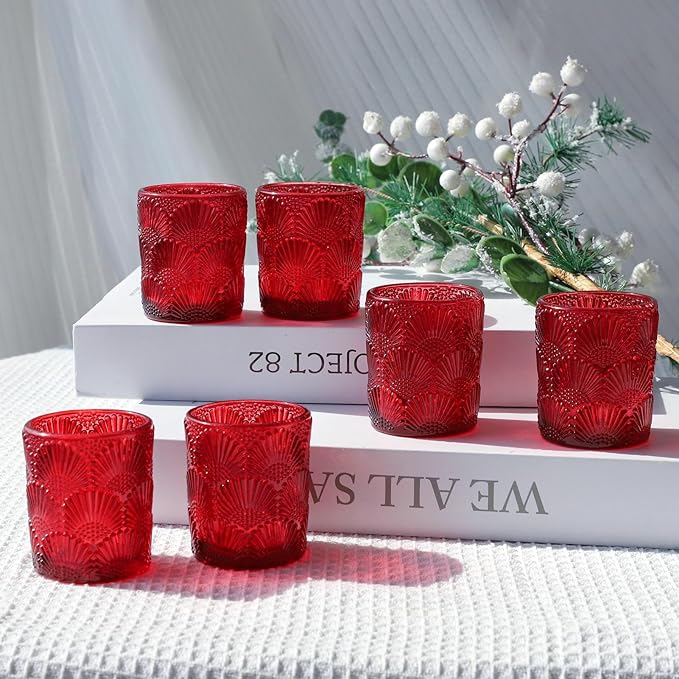 Woho Red Votive Candle Holders Set of 24 Boho Style, Ginkgo Leaves Pattern Tealight Candle Holder for Wedding Table Decor, Vintage Glass Tea Lights Candle Holder for Christmas/Vantines Day Decorations