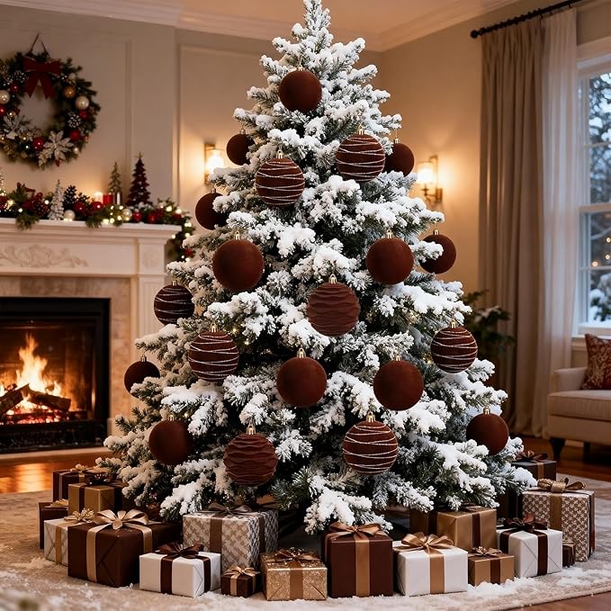 Artmag 6Pcs Velvet Christmas Ornaments Balls Sets for Christmas, Plastic Shatterproof Xmas Tree Flocked 3.94 inch Ornaments Balls for Winter Holiday Decor (Brown)