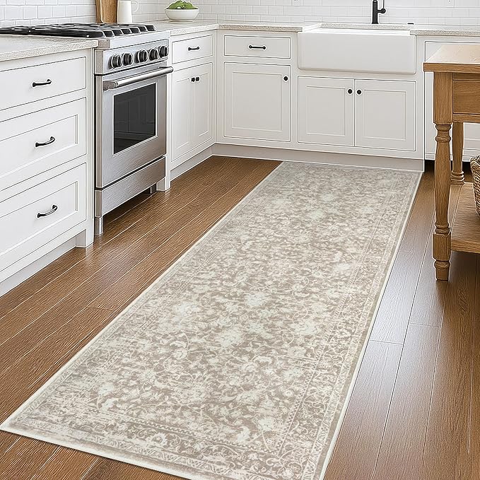 KILOCOCO Hallway Runner 3x8 Rug Runner Printed Vintage Floral Washable Kitchen Runners Non-Slip Rubber Backed Runners for Hallways Laundry Room Distressed Boho Rugs for Entryway Bedroom, Beige