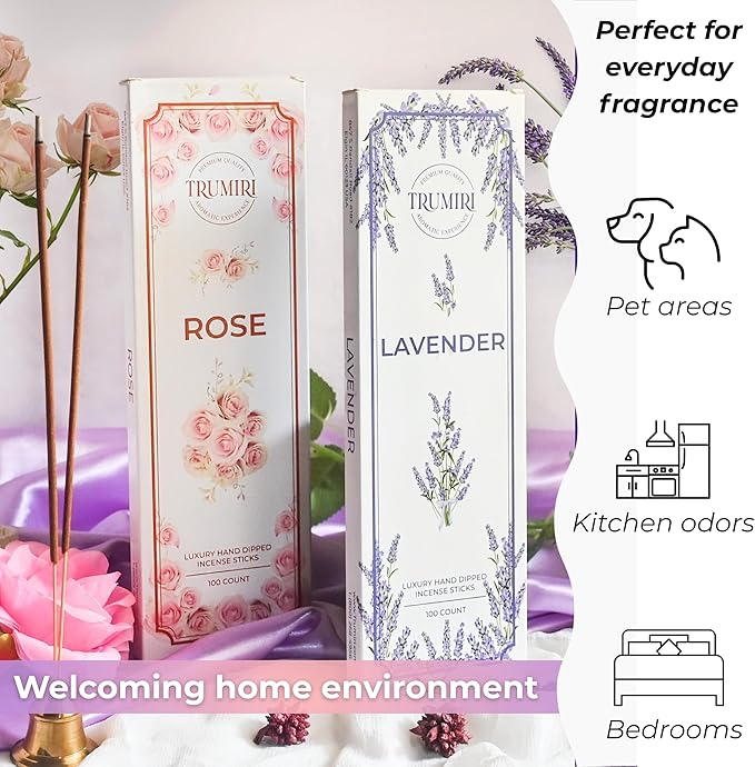 Lavender & Rose - Combo Pack of Incense Sticks - 100 Insence-Sticks of Each Scent - Total 200 Inscents - Inciensos Aromaticos para La Casa - Made with Natural Non Toxic Ingredients