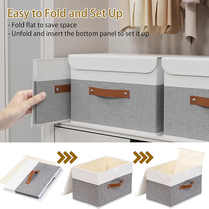 Yawinhe Storage Bins with Lids, Fabric Foldable Boxes, Washable and Leather Handle, Cube Organizer Basket for Home, Closet, White/Grey, 17.7''Lx11.8''Wx11.8''H, 3-Pack, USNK024WGX-3