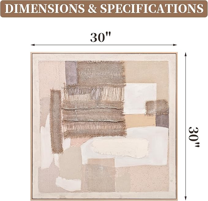 Artists' Handicraft, 3D Gunny cloth Textured Hand Painted large Abstract Wall Art, rusty industrial style luxury Artwork, Boho Minimalist Modern Framed Wall Decor, Neutral Trendy Paintings for Living Room Bedroom Hallway Kitchen Office, Square, 30x30 In