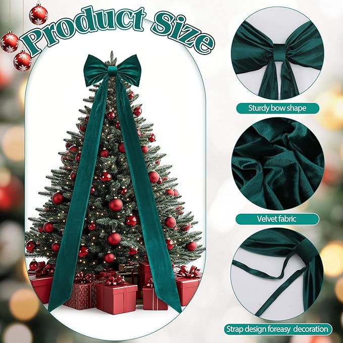 Christmas Tree Topper Bow 90x18 Inch Giant Large Velvet Bow with Long Streamers Huge Decorative Wrapping Gift Decor for Xmas Tree Front Door Patio Outdoor Wedding Arch(Green)
