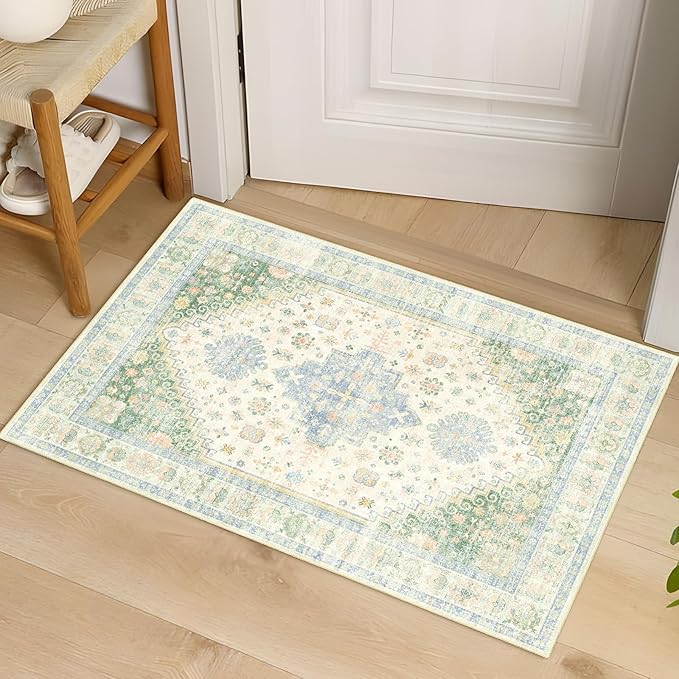 MUJOO Small Rug,2x3 Washable Area Rugs for Bathroom Entryway Entry Entrance Bedroom,Indoor Front Door Mat Non Slip Throw Carpet Low Pile Boho Light Green and Blue