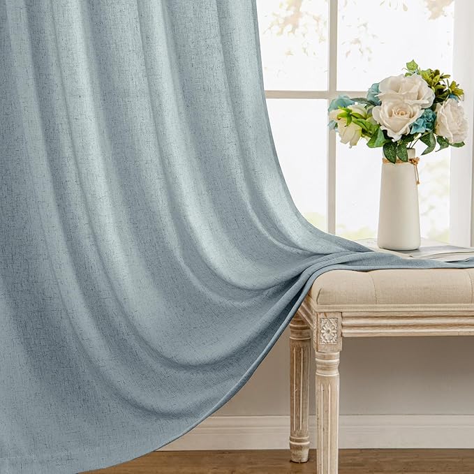 MIULEE Non-See-Through Privacy Linen Curtains 2 Panels, Light Filtering Window Curtains Farnhouse Textured Back Tab Semi Sheer Drapes for Bedroom Living Room, 52 x 63 Inches Long, Stone Blue