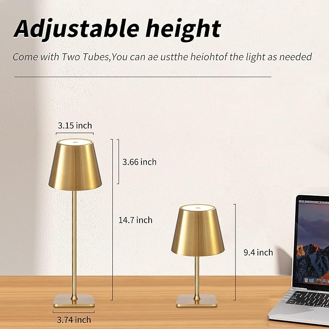 Mr. White Outdoor Waterproof Cordless Wireless Rechargeable Portable Top Touch Battery Operated Powered LED Table Lamp Desk Lamp Lights for Restaurant Kitchen Patio Dinner Dining (Gold)