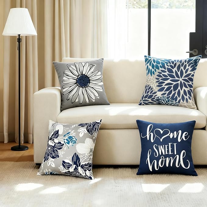 Decorative Throw Pillow Covers Set of 4 Blue Pillow Covers 20x20 inch Throw Pillow Cases Linen Square Pillow Case,Farmhouse Outdoor Modern Boho Pillow Covers for Couch Sofa Living Room