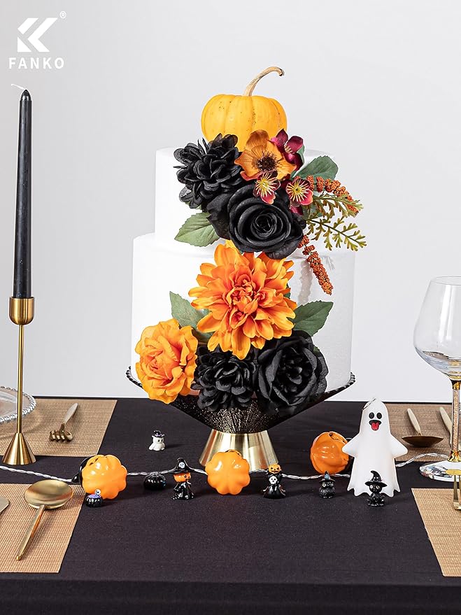 FANKO Artificial Flowers Black Rose: Mixed Fake Silk Flowers Combo Orange Rose & Dahlia Vintage Assorted Blooms for DIY Wedding Bridal Bouquets/Centerpieces/Halloween Decor