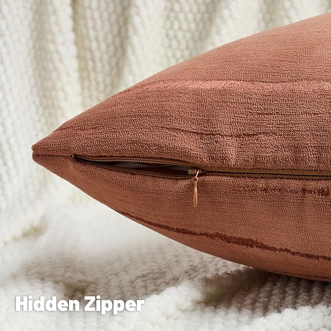 HAUSSY Rust Throw Pillow Covers 26x26 Inch Set of 2, Boho Embossed Striped Textured Decorative Pillowcases Soft Chenille Cushion Cases, Modern Home Decor for Couch Bed Living Room