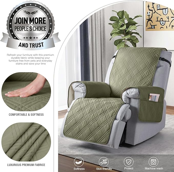 TAOCOCO 100% Waterproof Recliner Chair Cover Stay in Place, Recliner Covers for Small Recliner Chair with Pocket, Reclining Chair Cover Furniture Protector for Kids, Pets(20'', Green)
