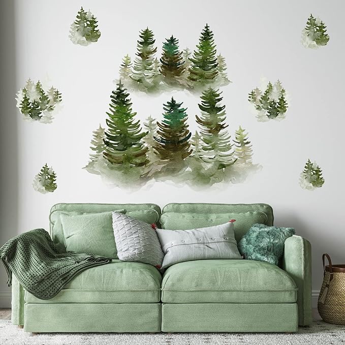 Watercolor Pine Tree Wall Decals Peel and Stick Large Tree Wall Sticker Trees Branches Wall Decal Forest Trees Wall Stickers for Living Room Bedroom Woodland Nursery Decor