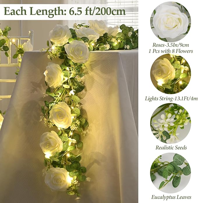 Dolicer 2Pcs 13Ft Artificial Eucalyptus Garlands with Flowers - 8 Roses, Faux Floral Greenery Garlands with 13Ft String Lights Fake Flower Vines for Wedding Table Centerpieces Arch Party Decor (White)