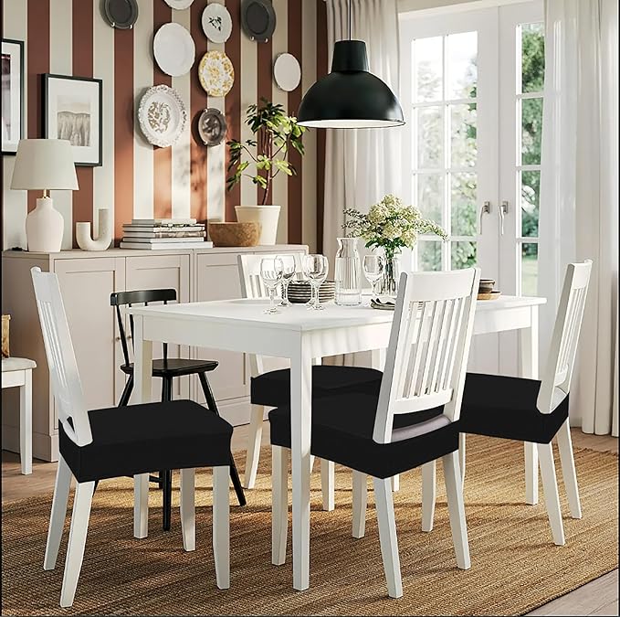 Smiry Stretch Jacquard Seat Covers for Dining Room Chairs Set of 2, Removable Washable Chair Seat Protector Slipcovers, No Rear Covers, Black