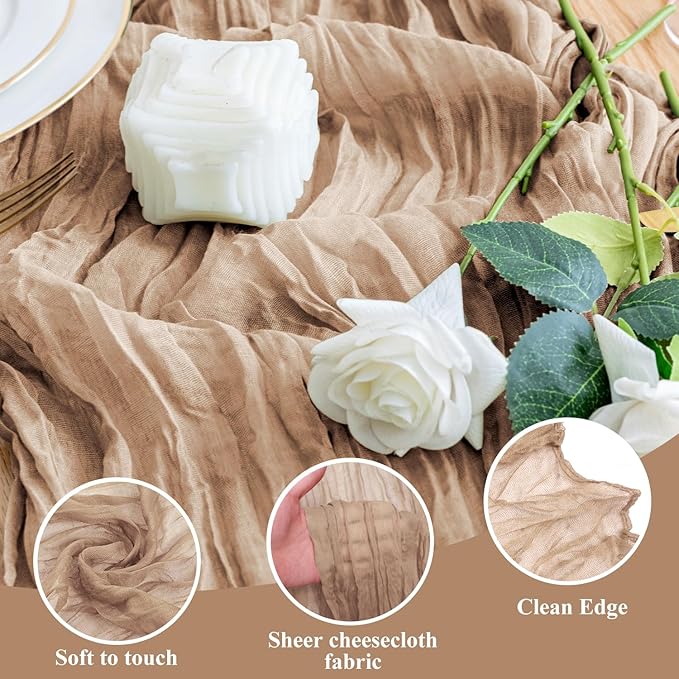 Wokceer Cheesecloth Table Runner Thanksgiving 3Pack 10FT Nude Brown Boho Gauze Cheese Cloth Table Runner Christmas for Party Rustic Sheer Runners for Baby Bridal Shower Wedding Table