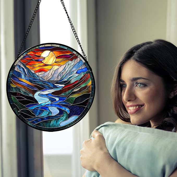 Stained Glass Window Hanging, Canyon Mountains Sunset View Sun Catcher for Window Home Decor Landscape Suncatcher Mother's Day Birthday Gifts for Women Men Mom and Nana 6.3 in