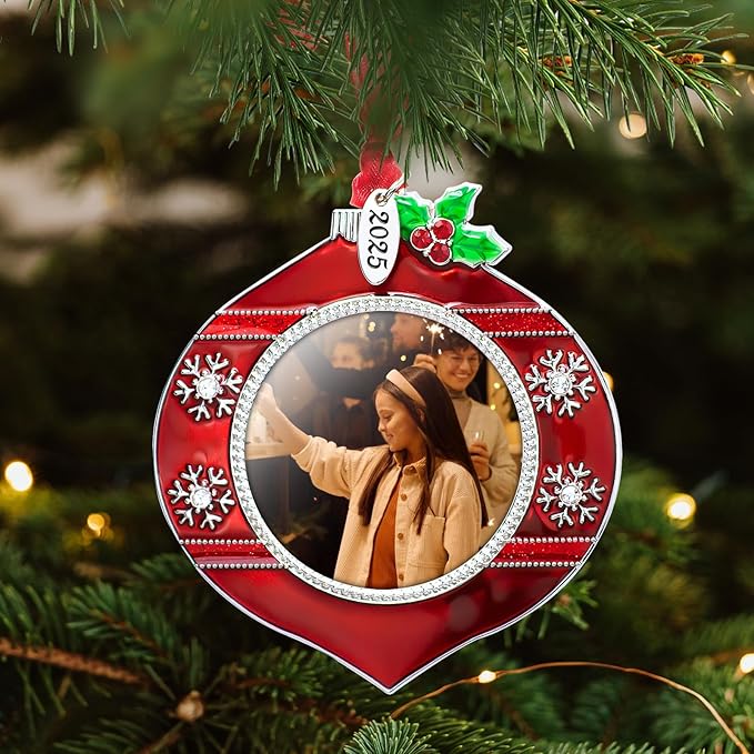 2025 Christmas Tree Ornament Picture Frame Metal Hanging Pendant Holiday 2" Photo Frame Charm Decorative of Pets, Baby First Christmas, Family (2025 Style 8)