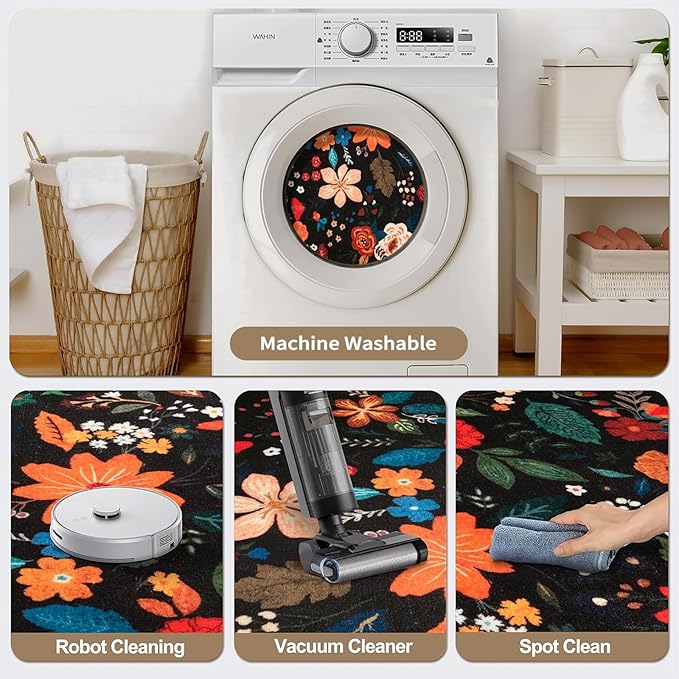 Tangsoo Runner Rug for Hallways Kitchen Rug, Non Slip 2x6 Washable Boho Floral Rug Runner for Entryway, Low Pile Carpet Door Mat Indoor Entrance for Kids Room Bedroom Laundry Office Bathroom(Black)