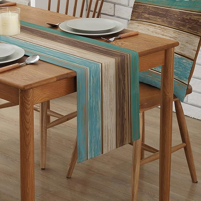 Cotton Linen Table Runner Dresser Scarves Extra Long 13X120 Inches Retro Rustic Barn Wood&Teal Green Brown Non-Slip Burlap Rectangle Table Setting Decor for Wedding Party Holiday Dinner Home