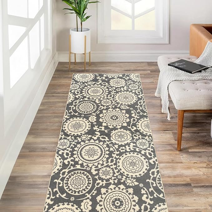 Custom Size Grey Floral Medallion Rubber Backed Non-Slip Hallway Stair Runner Rug Carpet 22 inch Wide Choose Your Length 22in X 5ft