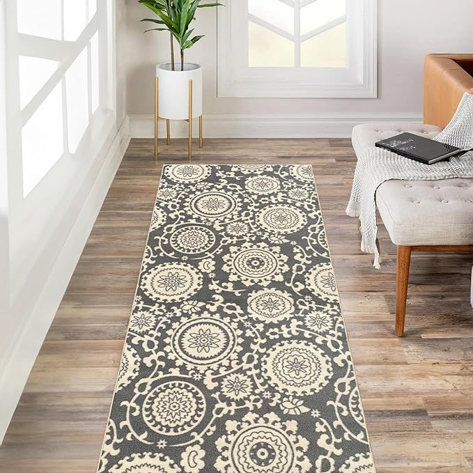 Kapaqua Custom Size Grey Floral Medallion Rubber Backed Non-Slip Hallway Stair Runner Rug Carpet 31 inch Wide Choose Your Length 31in X 5ft