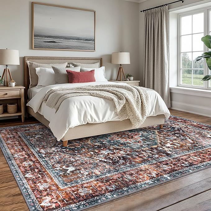 KOZYFLY Boho Area Rug 8x10 Ft Thin Rugs for Living Room Washable Bedroom Rug Non Slip Rugs Printed Faux Wool Vintage Bedroom Rug Floor Carpet for Dining Room Living Room, Brick Red/Orange/Green