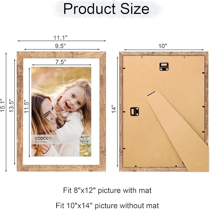 10x14 Picture Frame Set of 2, 10 x 14 Wood Photo Frames with Mat for 8x12, Natural Wooden Frame with Real Glass Cover for Wall and Tabletop Display,Brown
