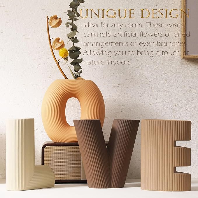 Ceramic Vase Set of 4 - Handcrafted Ceramic Vases for Home Decor & Shelf - Modern Farmhouse Decor for Kitchen, Office, Bedroom & Living Room Decorative Objects for Mantel, Table Centerpieces