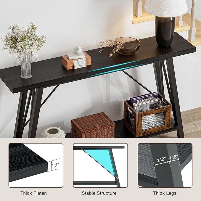 GAZHOME Console Table with Storage Shelf - Industrial Style Sofa Table Behind Couch for Living Room & Entryway, Black,53.1 Inch