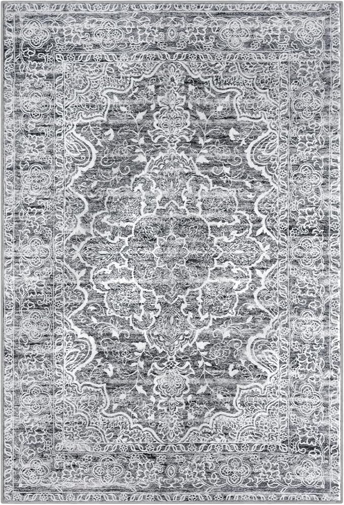KUTA Area Rug 4x6 Living Room, Washable Rugs Vintage Distressed Tribal Grey Blue White, Non-Slip Dining Room Carpet, Extra Soft Low Pile Printed Traditional Medallion Cozy Throw for Bedroom