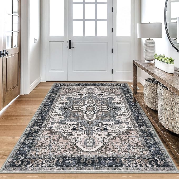 KOZYFLY Area Rug 4x6 Ft Washable Rugs for Entryway Non Slip Faux Wool Printed Throw Rug for Kitchen Bedroom Hallway Living Room Indoor Floor Decoration, Black/Taupe/Beige