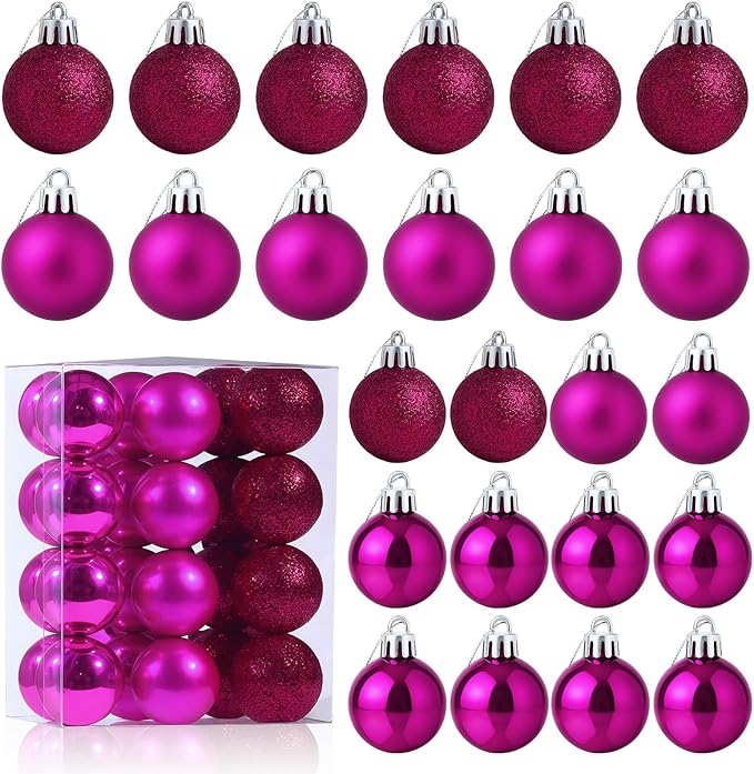 24 Pack Mini Shatterproof Christmas Balls - Small Hanging Ornaments for Trees Christmas Party Decorations, 1.2 Inch (Rose Red)