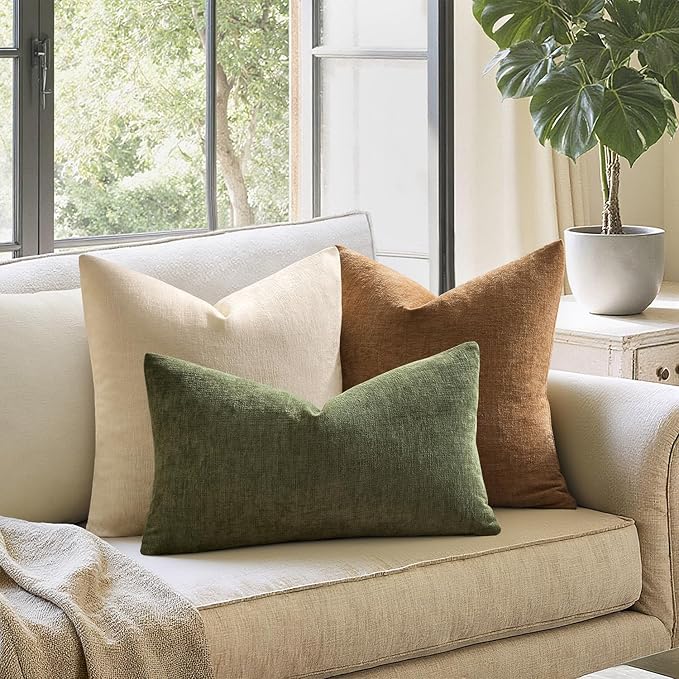 MIULEE Olive Green Couch Pillow Covers 12x20 Inch, Set of 2 Soft Chenille Decorative Lumbar Throw Pillow Covers Farmhouse for Sofa Living Room Bed