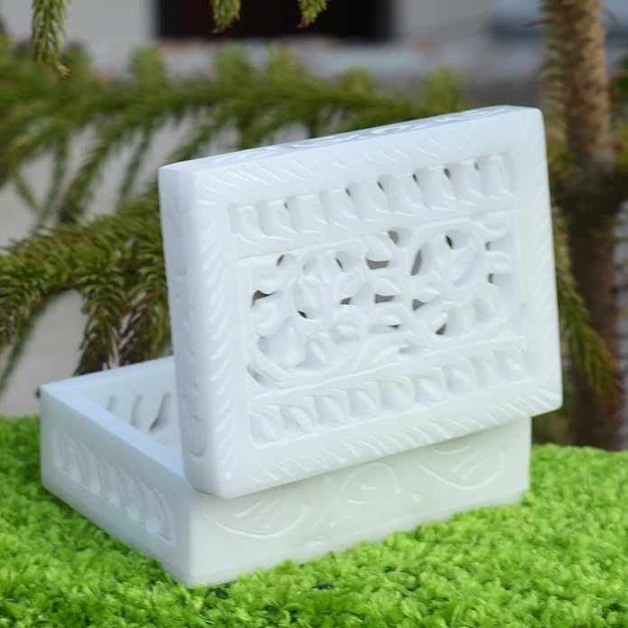 Vintage Onyx Marble Alabaster lid Hinged Footed Trinket Jewelry Box 3x4 inch - Decorative Treasure Box With Engraved Art, Trinket Box | Mini Storage Chest For Jewelry Memento Holder For Miscellaneous