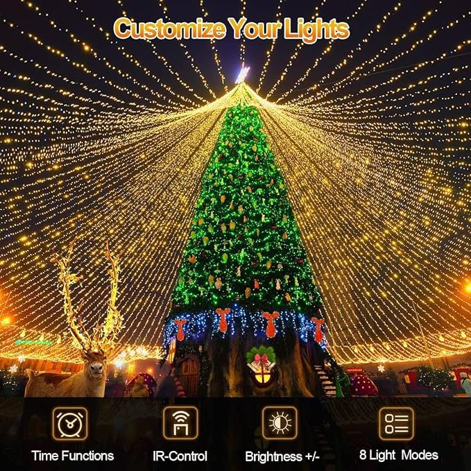 552 FT 1400 LED Christmas Lights Outdoor Decorations Super Long Fairy String Waterproof 8 Modes Timer Clear Wire for Outside House Tree Patio Yard Wedding Party Holiday-Warm White
