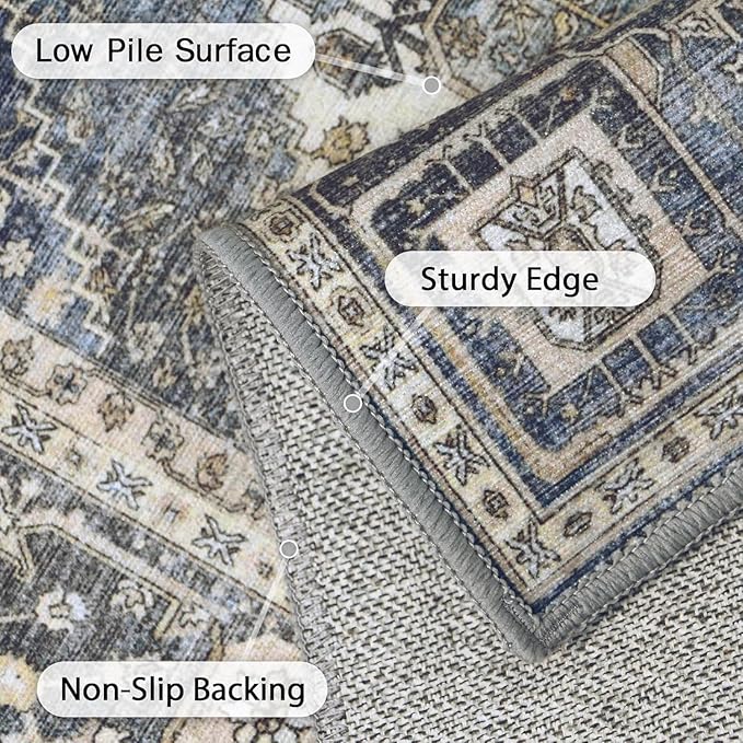 GENIMO 2x7 Runner Rugs for Hallway, Machine Washable Non Slip Vintage Rugs, Low Pile Lightweight Soft Print Rug for enrtyway, Corridor, Home Office, Kitchen, Navy/Cream