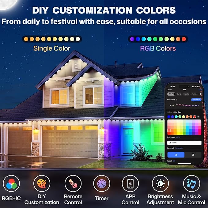Permanent Outdoor Lights, Outdoor Christmas Lights, DIY RGB+IC Smart Eave Light with App Control, Support Alexa and Google Assistant, IP67 Waterproof, Outdoors Light for Christmas Decorations, 100FT