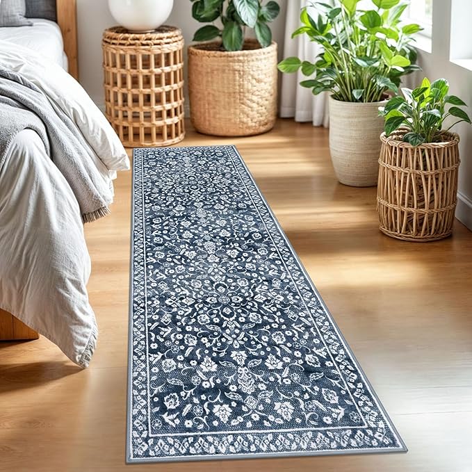Vintage 2x7 Runner Rug, Navy Washable Runners for hallways, Super Soft Kitchen Runner Rug Non Slip, Print Faux Wool Floral Thin Carpet Runner for Entryway Indoor Bedside Runner